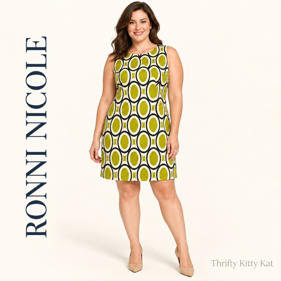 Ronni Nicole Dresses & Skirts - Ronni Nicole Geometric Print Sheath Dress Lime Green Black White Retro Glam 14